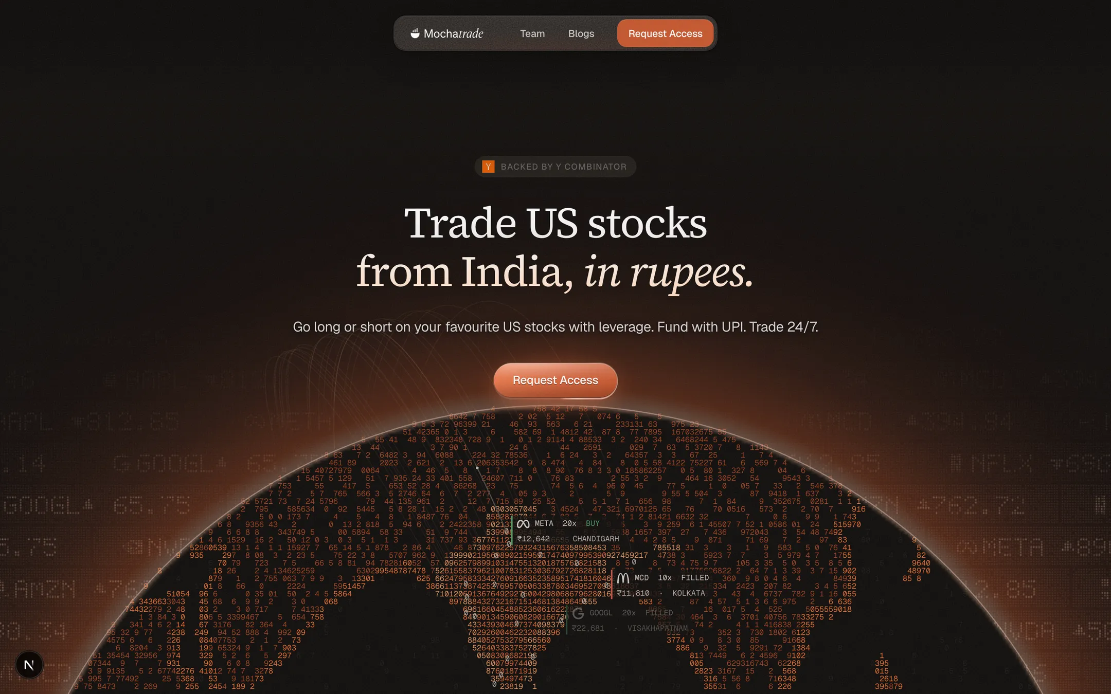 Serif headline on the deep warm ground: Source Serif 4 with the italic carrying the emphasis. The nav island sits on the elevated tone and the one mocha button is Request access. The globe of live fills is data as ink, in mono.